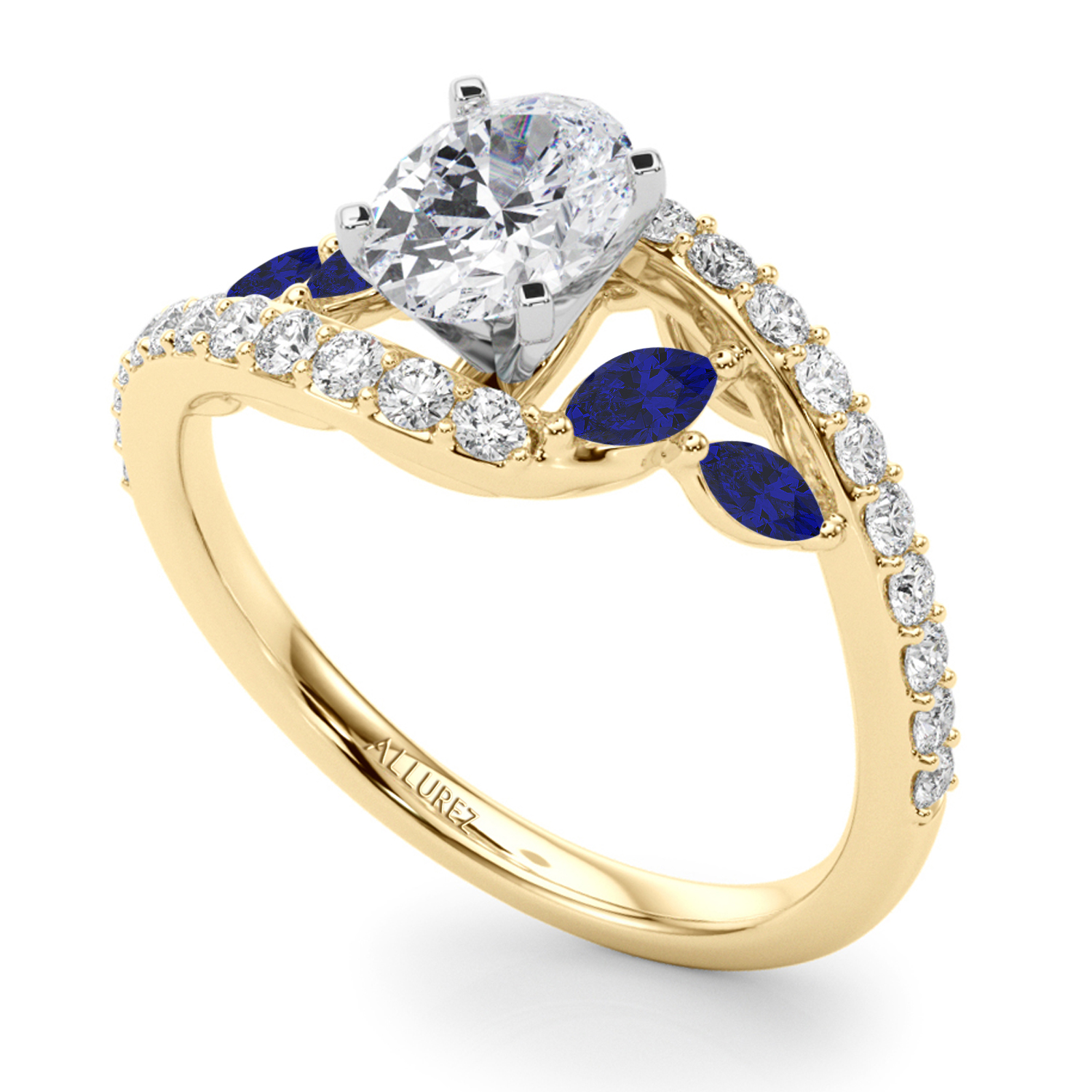 Swirl Design Lab Grown Diamond & Marquise Sapphire Engagement Ring 14K Yellow Gold (0.63ct)
